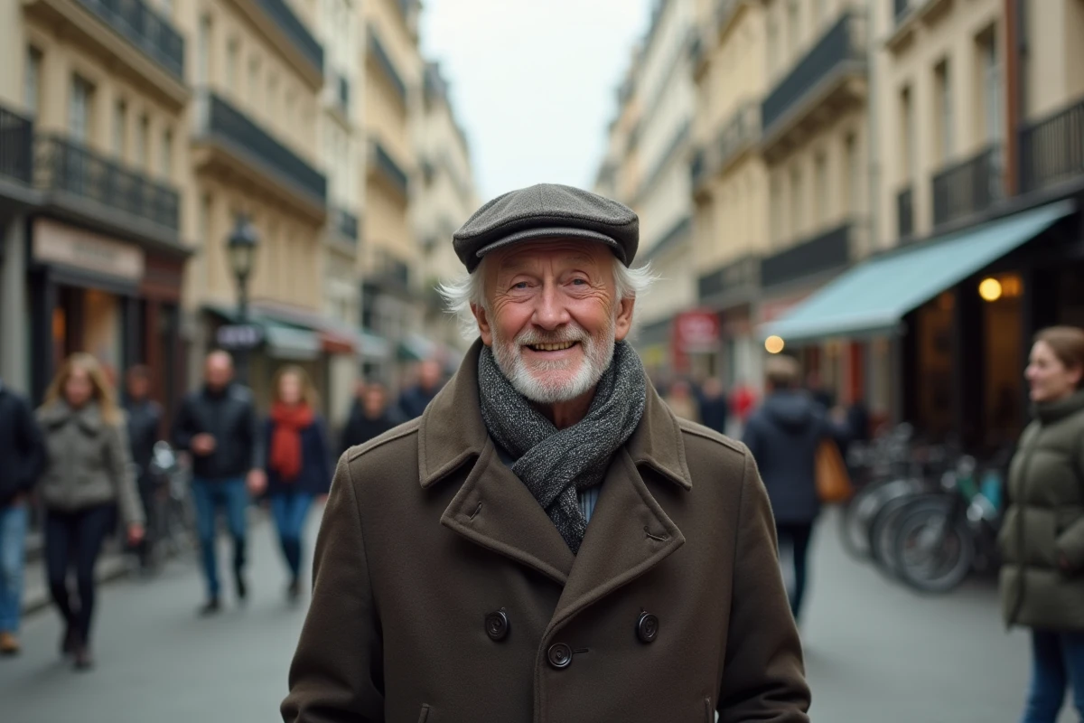 Acteur français souriant marchant dans une rue parisienne animée