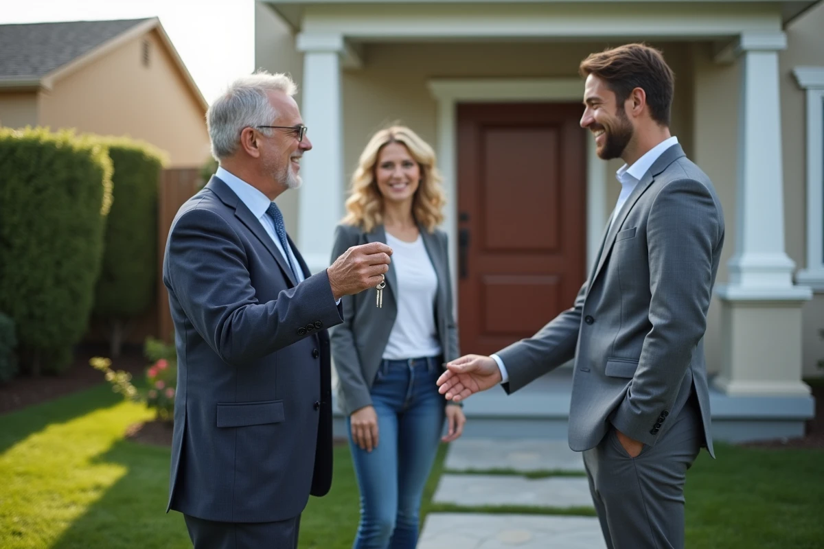 Agent immobilier remettant les clés à un couple souriant