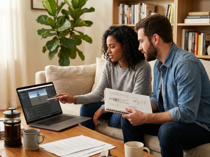 Deux apprenants collaborant sur un tutoriel de développement de jeux vidéo en ligne depuis un canapé dans un appartement