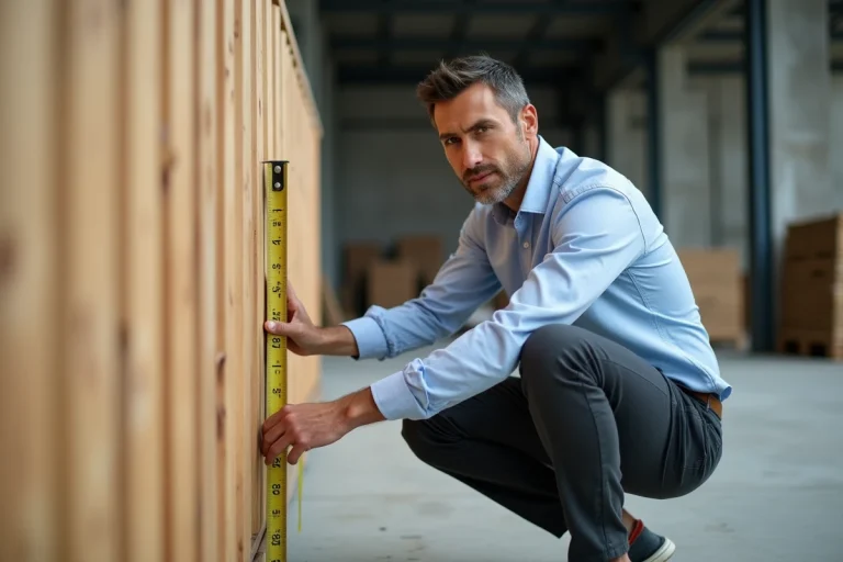 Architecte mesurant les dimensions d'un grand conteneur de stockage de 20 mètres cubes dans un entrepôt industriel