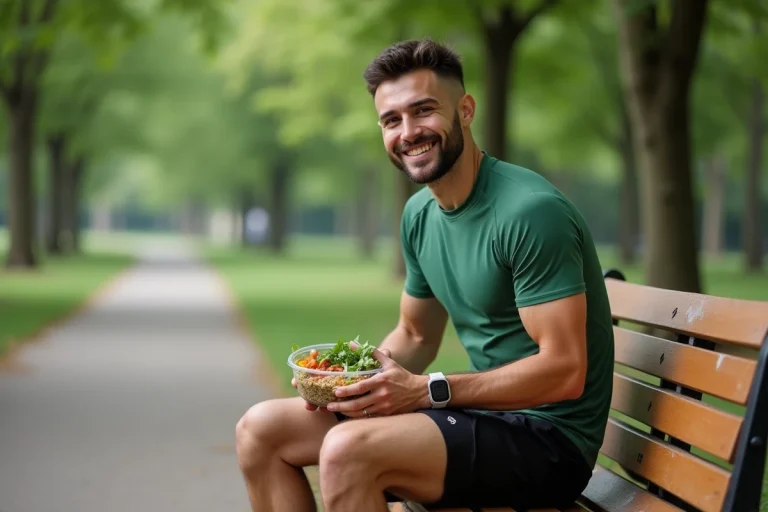 Jeune athlète mangeant une salade de quinoa en plein air