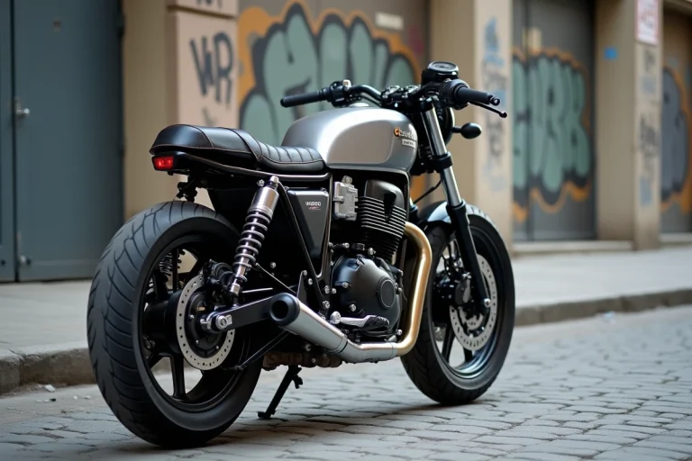 Benda Avengers 125 garée en milieu urbain, vue 3/4 avant mettant en valeur le design naked et les détails moteur bicylindre