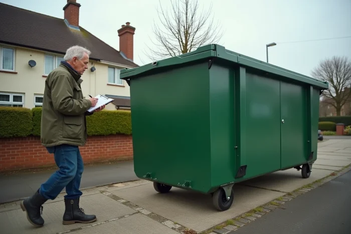 Homme inspectant un benne à ordures de 20 mètres cubes posée sur une allée résidentielle pour en évaluer les dimensions exactes