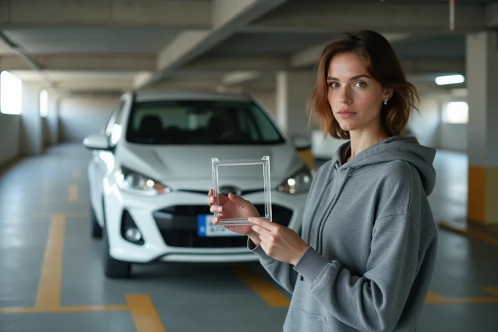 Femme examinant un cadre de plaque d'immatriculation antivol dans un parking souterrain urbain