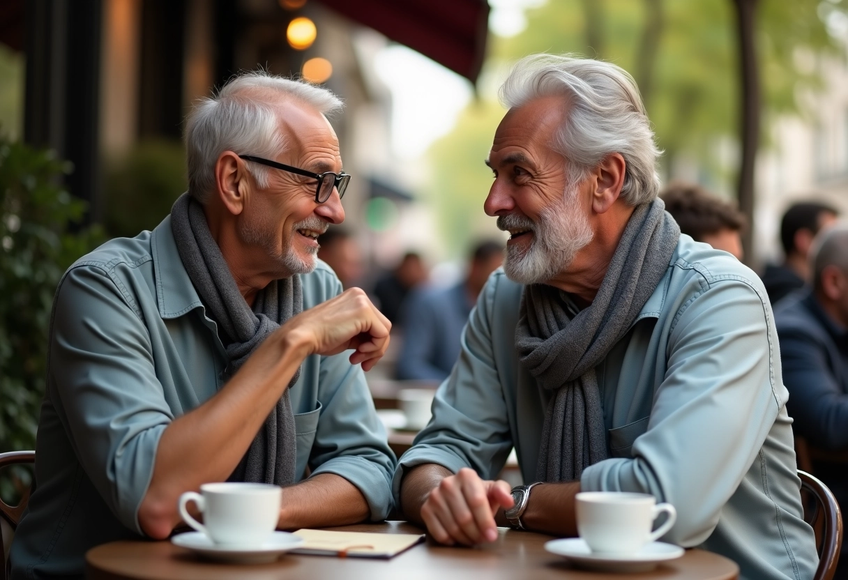 Homme français discutant dans un café parisien animé
