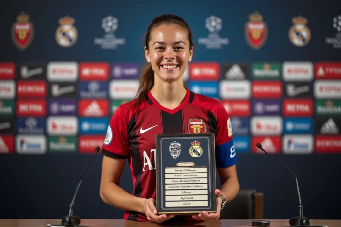 Capitaine de club de football féminin tenant une récompense officielle FIFA lors d'une conférence de presse officielle