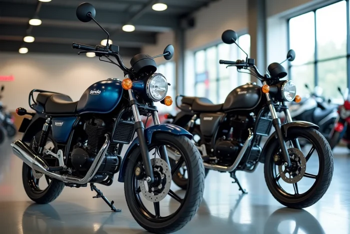 Comparaison côte à côte d'une Benda Avengers 125 et d'une moto 125 cc concurrente dans un showroom de concessionnaire moto