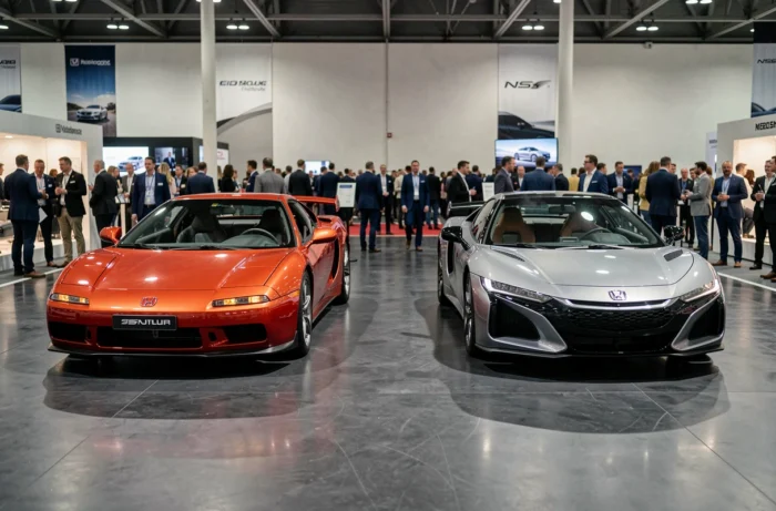 Comparaison côte à côte de la Honda NSX génération 1991 et génération 2017 dans un salon automobile moderne, illustrant l'évolution des proportions et du design sur trente ans
