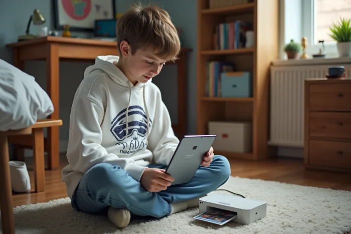 Étudiant configurant la connexion Wi-Fi entre une tablette Samsung et une imprimante Canon SELPHY dans une chambre