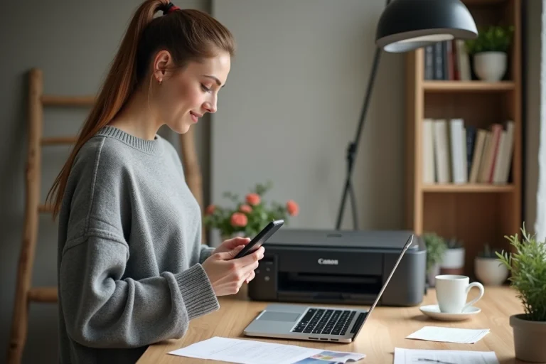 Femme connectant son smartphone Android à une imprimante Canon PIXMA dans un bureau à domicile
