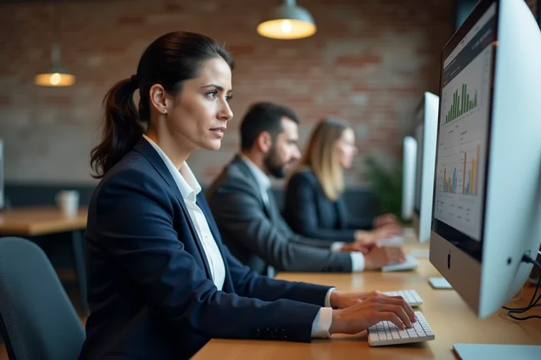 Consultante en agence web analysant des statistiques de présence en ligne sur un écran d'ordinateur dans un bureau moderne