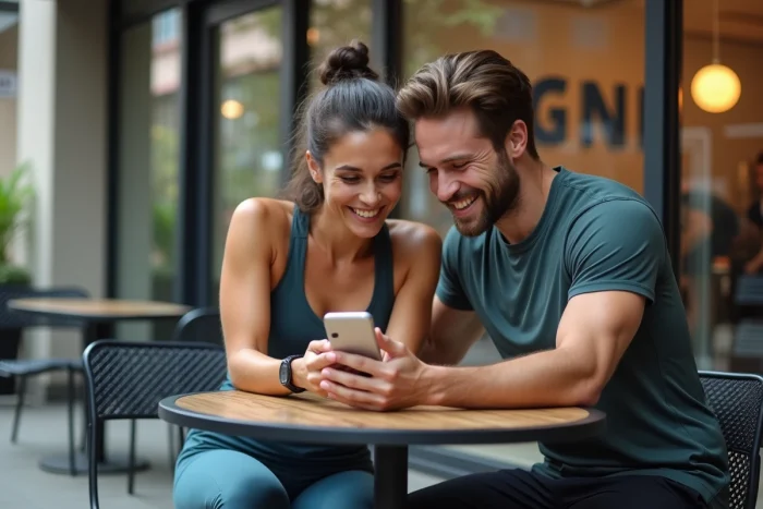 Deux amis consultant leur téléphone pour comprendre les options d'accès ponctuel à Basic Fit sans souscrire un abonnement