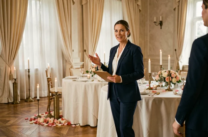Coordinatrice de mariage professionnelle supervisant la décoration d'une salle de réception dans un château élégant