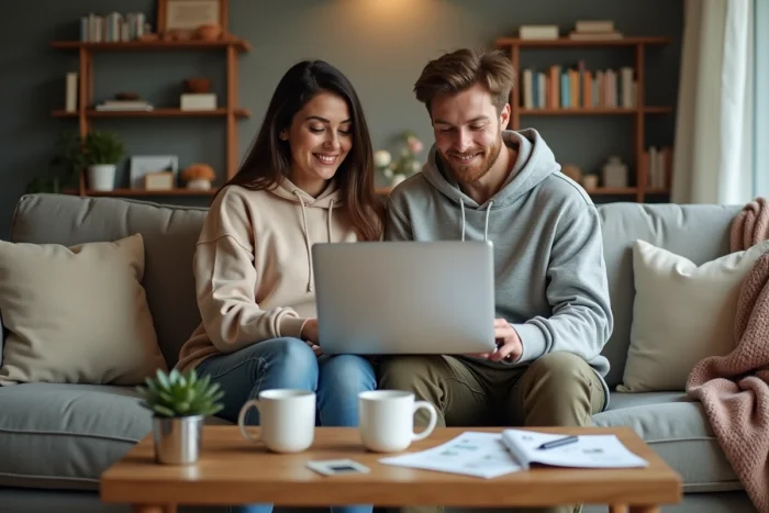 Jeune couple cherchant des bons plans et promotions en ligne pour économiser au quotidien
