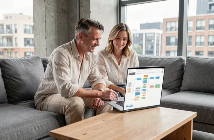 Couple consultant le plan du site de l'agence G Immobilier sur un ordinateur portable à domicile