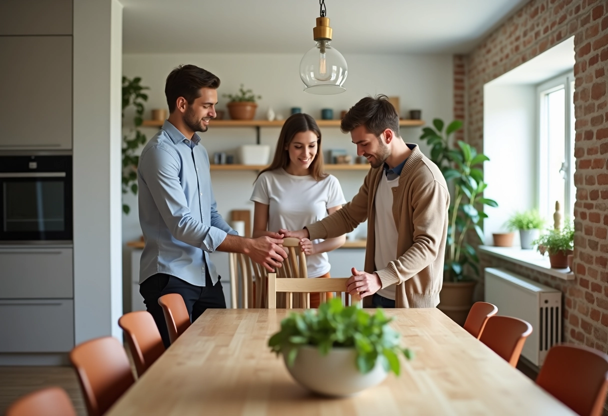 Jeune couple organisant la salle à manger rénovée