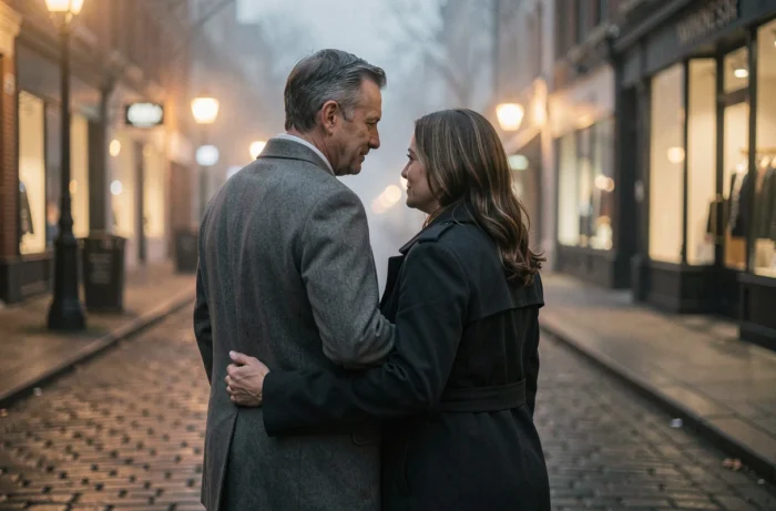 Couple élégant de dos dans une rue pavée au crépuscule, évoquant la discrétion et le mystère de la vie amoureuse d'une figure médiatique