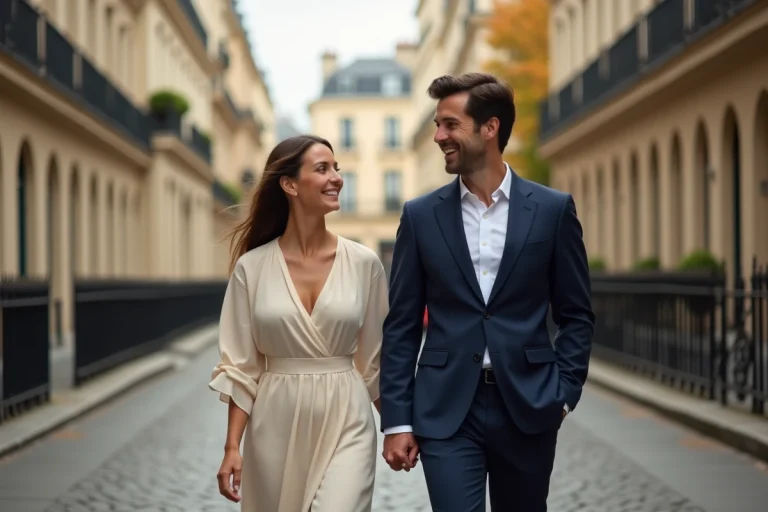 Couple élégant se promenant dans une rue parisienne avec architecture haussmannienne en arrière-plan