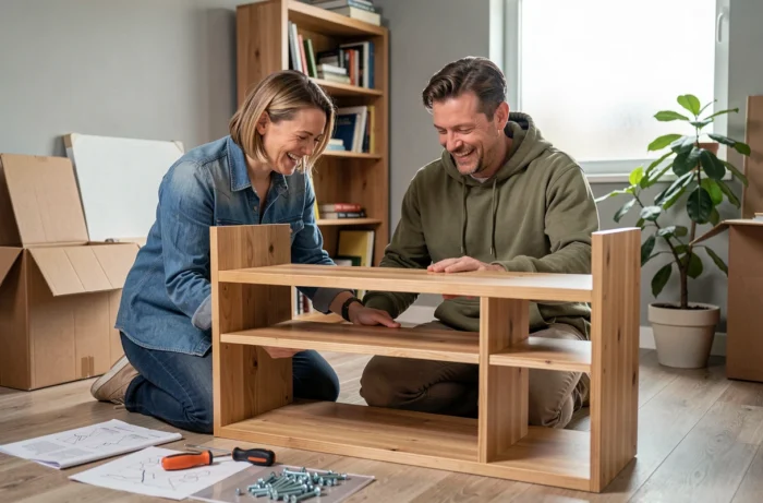 Couple assemblant des étagères en bois dans un bureau à domicile lors d'un aménagement intérieur