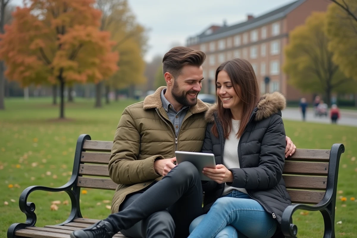 Couple riant sur un banc de parc en cherchant des maisons ensemble