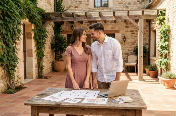 Couple planifiant leur mariage en extérieur dans une cour provençale avec des plans de décoration et un ordinateur portable
