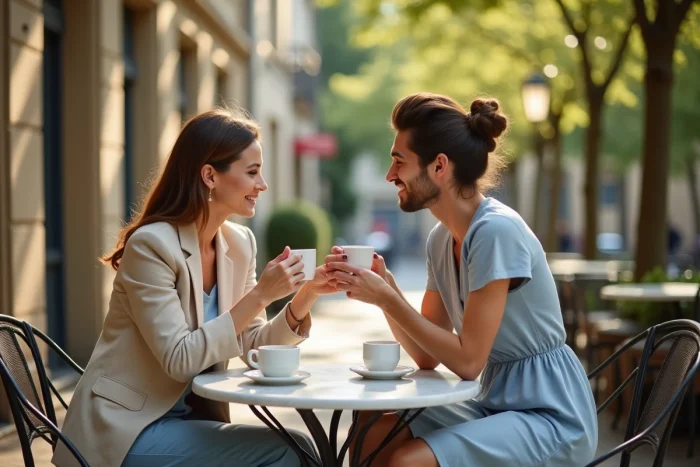 Couple français attablé en terrasse de café avec architecture de ville de province en arrière-plan
