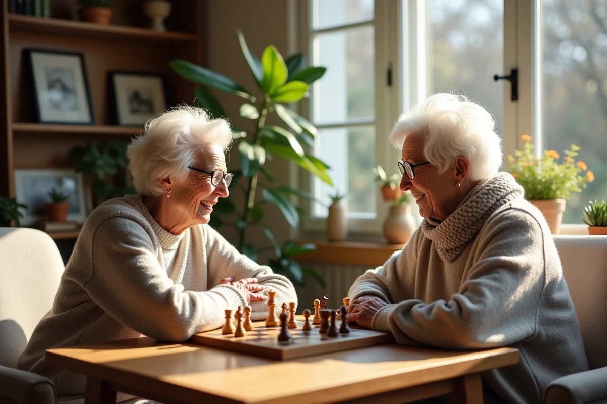 Deux femmes seniors jouent aux échecs dans un salon chaleureux