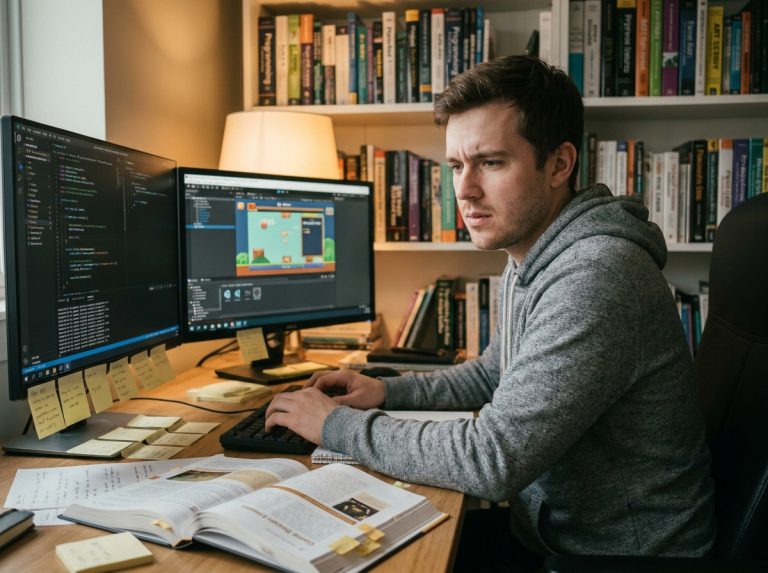 Jeune développeur autodidacte de jeux vidéo travaillant sur un prototype dans son bureau à domicile entouré de livres et de notes