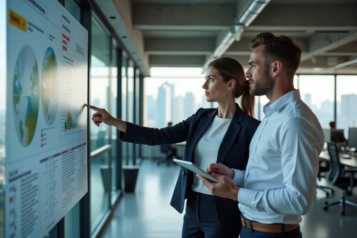 Deux collègues analysant des données environnementales dans un bureau moderne en ville