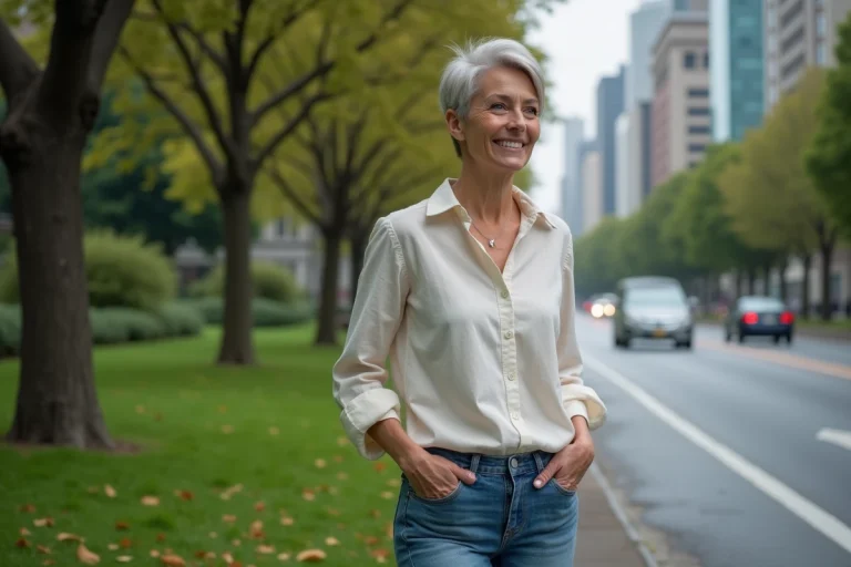 Femme au carrefour entre environnement naturel et urbain dans un parc en automne