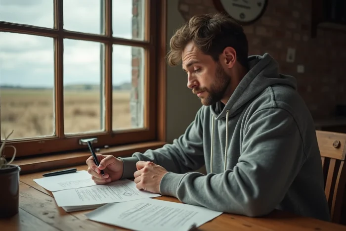 Homme travaillant dans une cuisine rurale avec vue sur un champ agricole