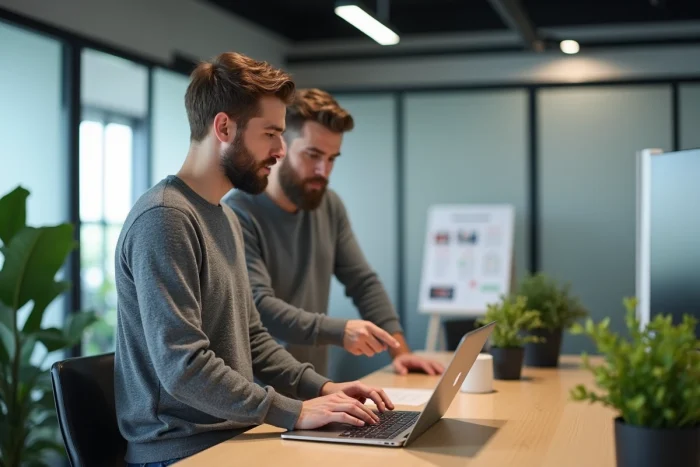 Deux professionnels d'une agence web collaborant sur la stratégie de refonte d'un site internet dans un espace de coworking