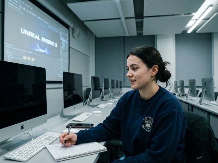 Étudiante en formation jeu vidéo dans une salle de classe universitaire équipée d'ordinateurs de conception graphique