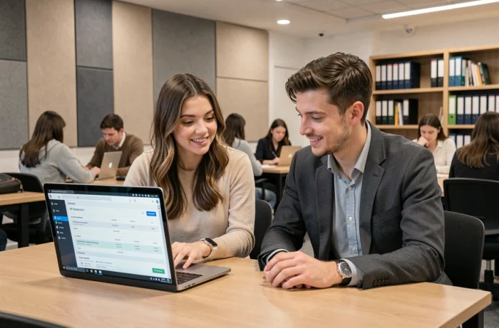 Deux étudiants Auchan gérant leurs contrats HR4You ensemble dans un espace de coworking