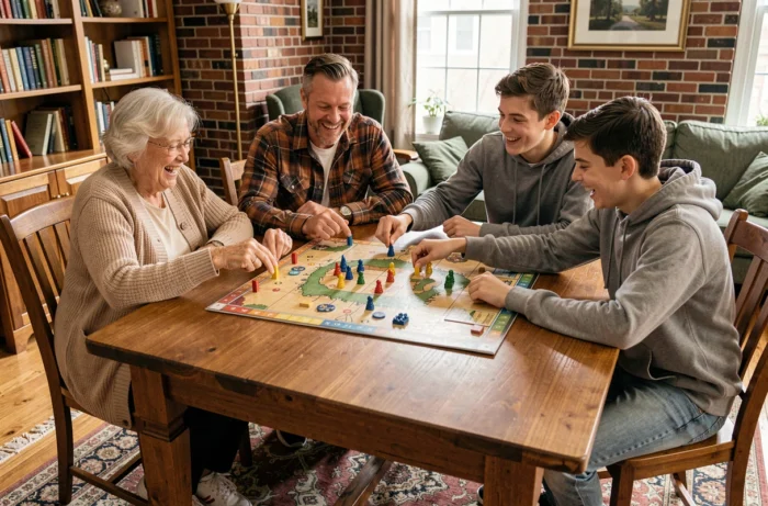 Famille multigénérationnelle jouant à un jeu de société ensemble dans un salon chaleureux — idée de loisir pour tous les âges