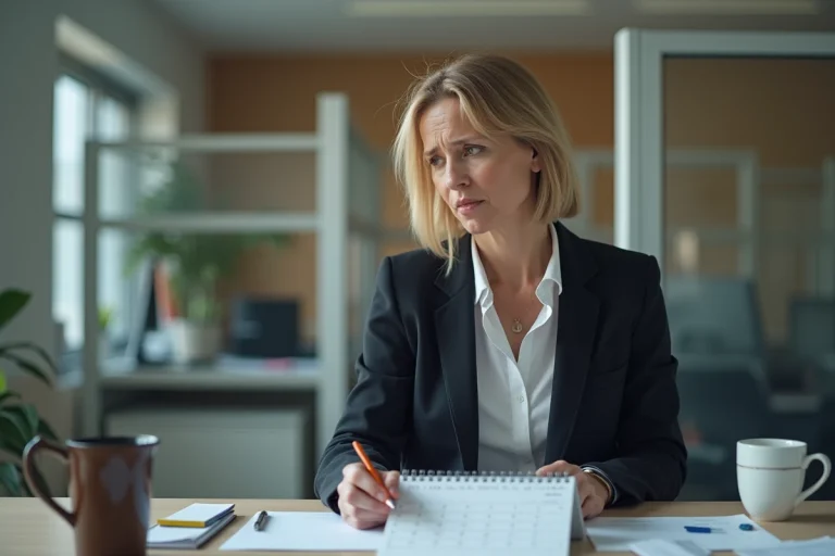 Femme d affaires réfléchissant à un calendrier au bureau