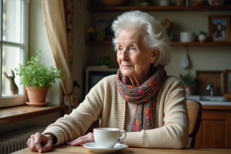 Femme nonagennaire assise pensivement à la maison