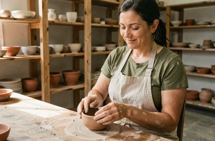 Femme adulte modelant de l'argile dans un atelier de poterie — activité créative et loisir artisanal pour adultes