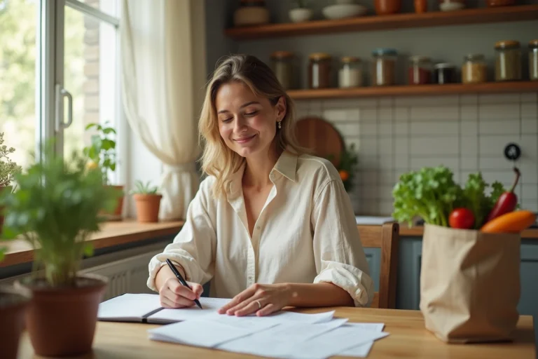 Femme faisant son budget alimentaire à la table de cuisine avec des courses et un carnet de notes