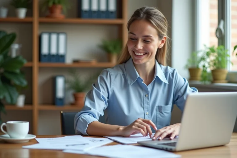 Jeune femme souriante dans un bureau organisé