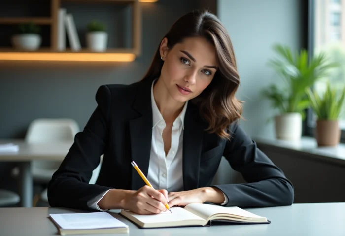 Femme en bureau professionnel prenant des notes