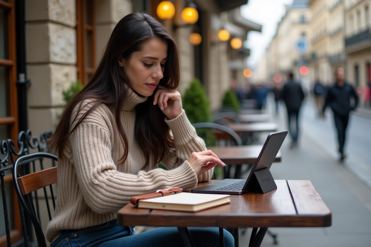 Femme lisant un guide Dofus Retro en extérieur à Paris