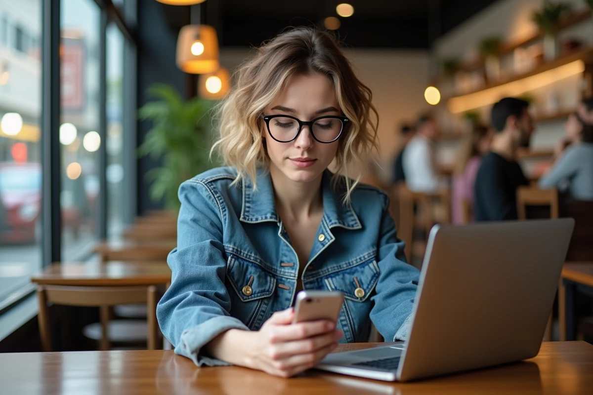 Femme au café regardant son ordinateur portable