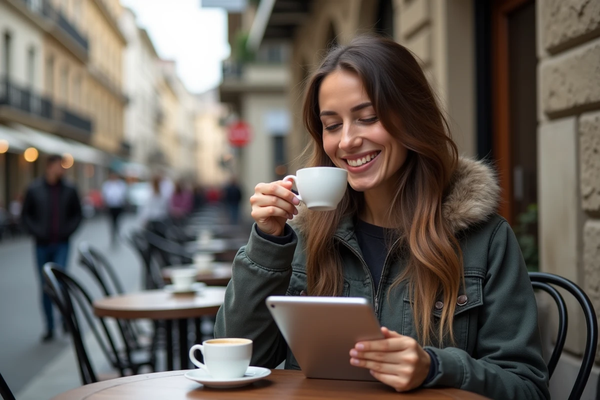 Femme souriante utilisant sa tablette en terrasse de café