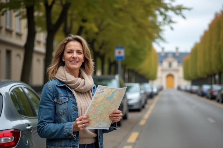 Femme en denim déplie une carte près d'une voiture à Versailles