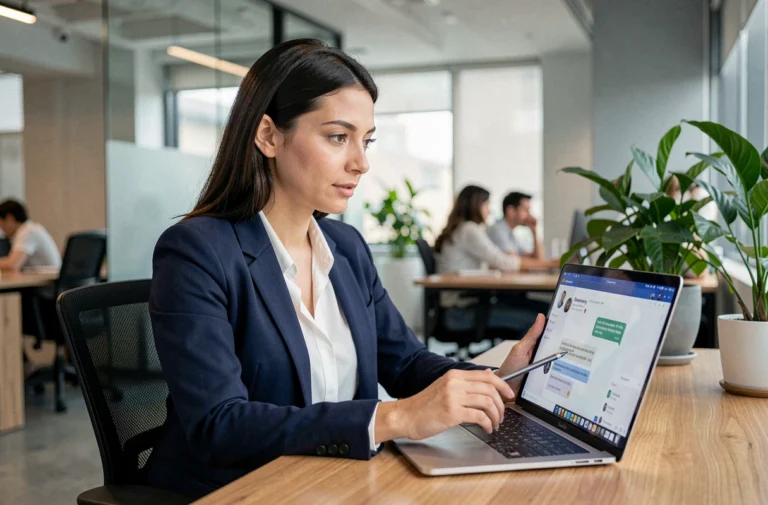 Femme professionnelle interagissant avec un chatbot sur un ordinateur portable dans un bureau moderne, illustrant les tendances des systèmes de conversation automatisée en 2024