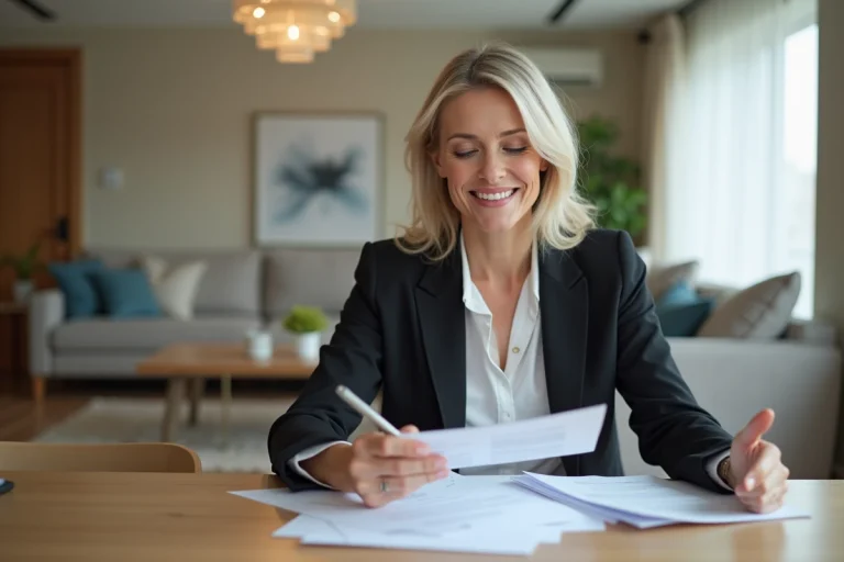 Femme confiante en blazer souriant en examinant des documents