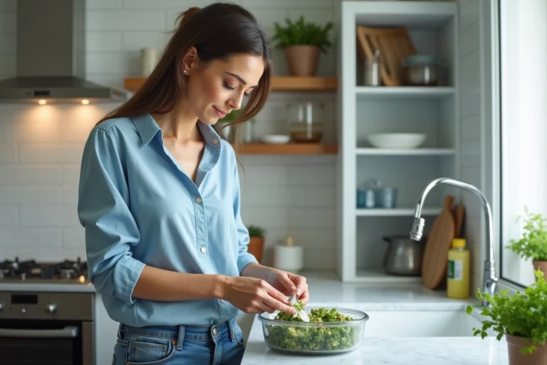 Femme préparant du tabbouleh dans une cuisine moderne