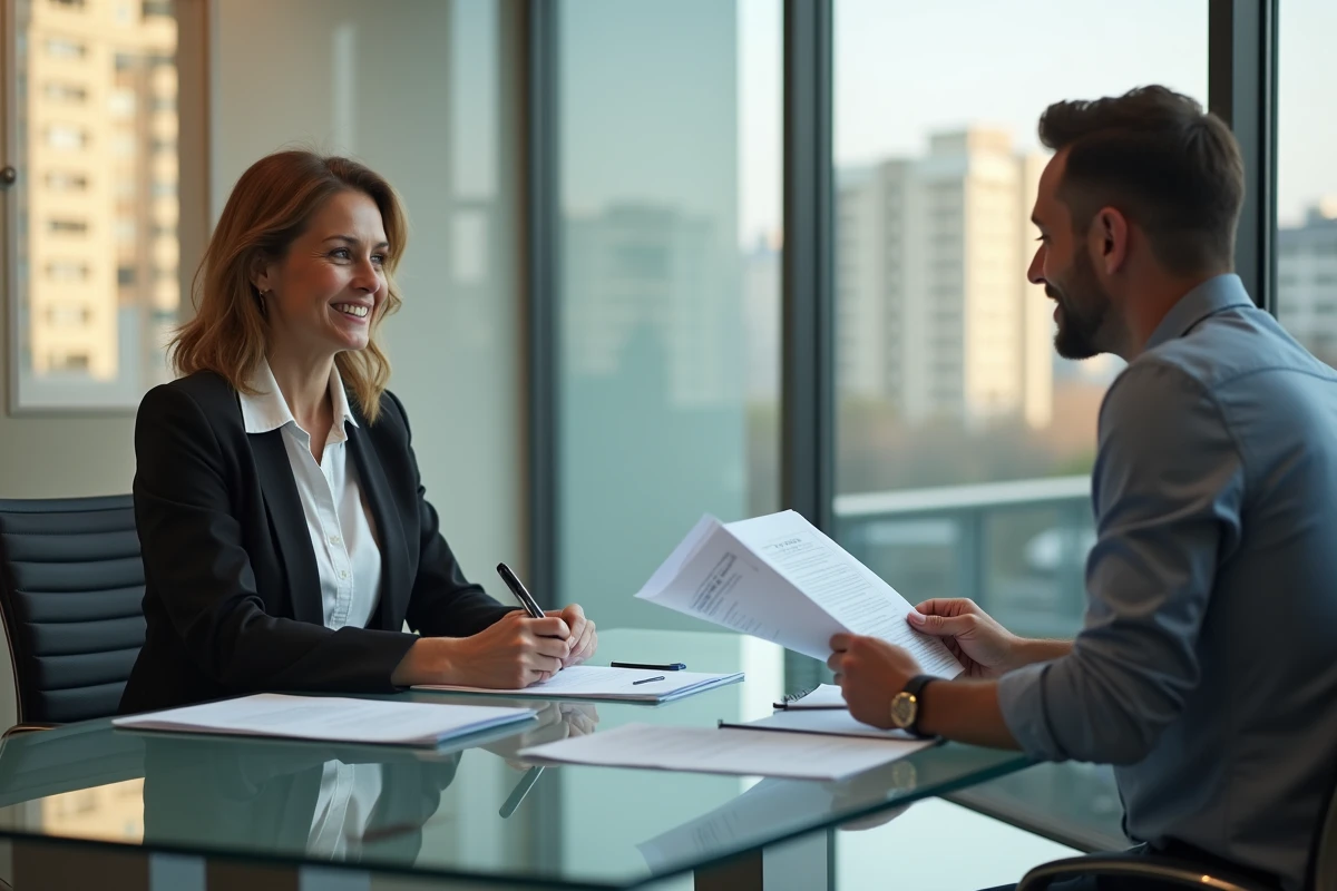 Femme souriante discutant avec un banquier dans une agence bancaire lumineuse