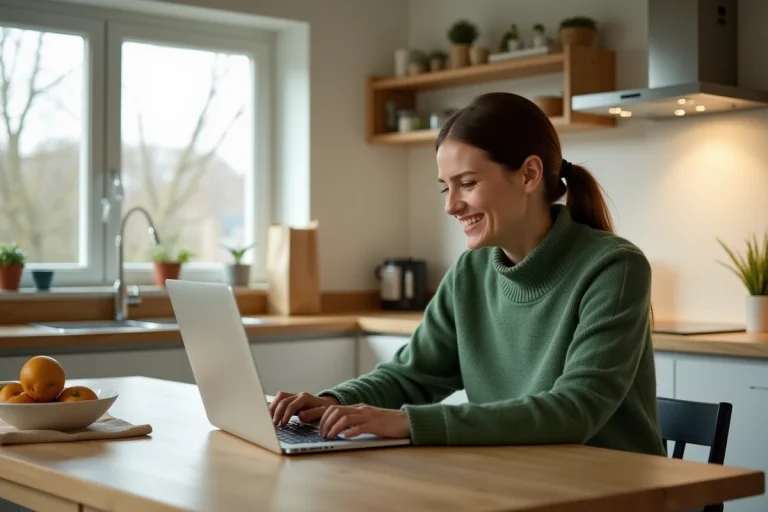 Femme souriante utilisant un ordinateur dans une cuisine moderne